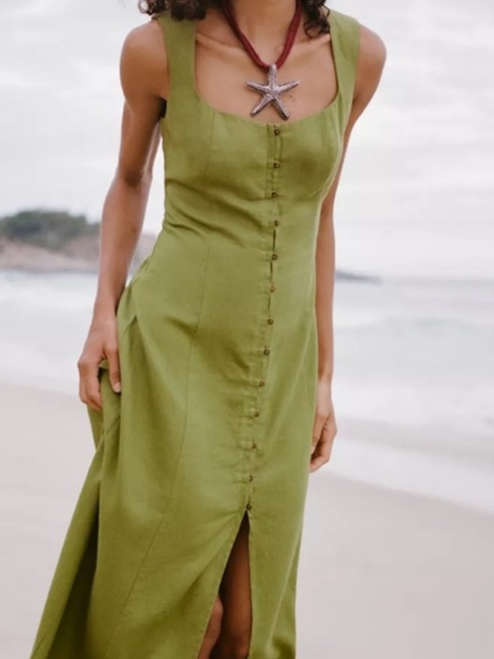 Zara Olive Green Button-Front Maxi Dress l